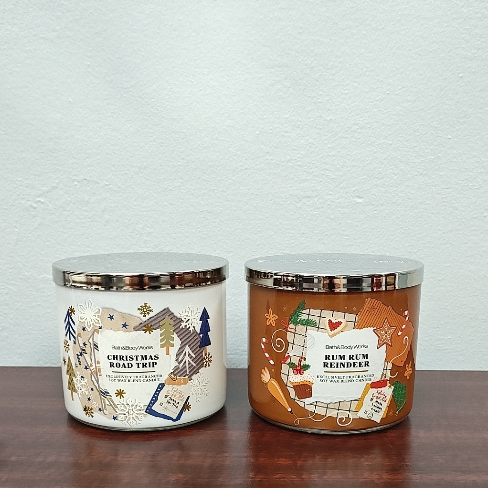 Bath & Body Works RUM RUM REINDEER & CHRISTMAS ROAD TRIP 3 Wick Candle Bundle